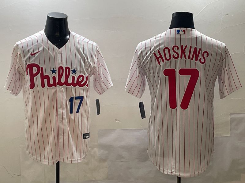 Men Philadelphia Phillies #17 Hoskins White stripe Game 2025 Nike MLB Jersey style 2